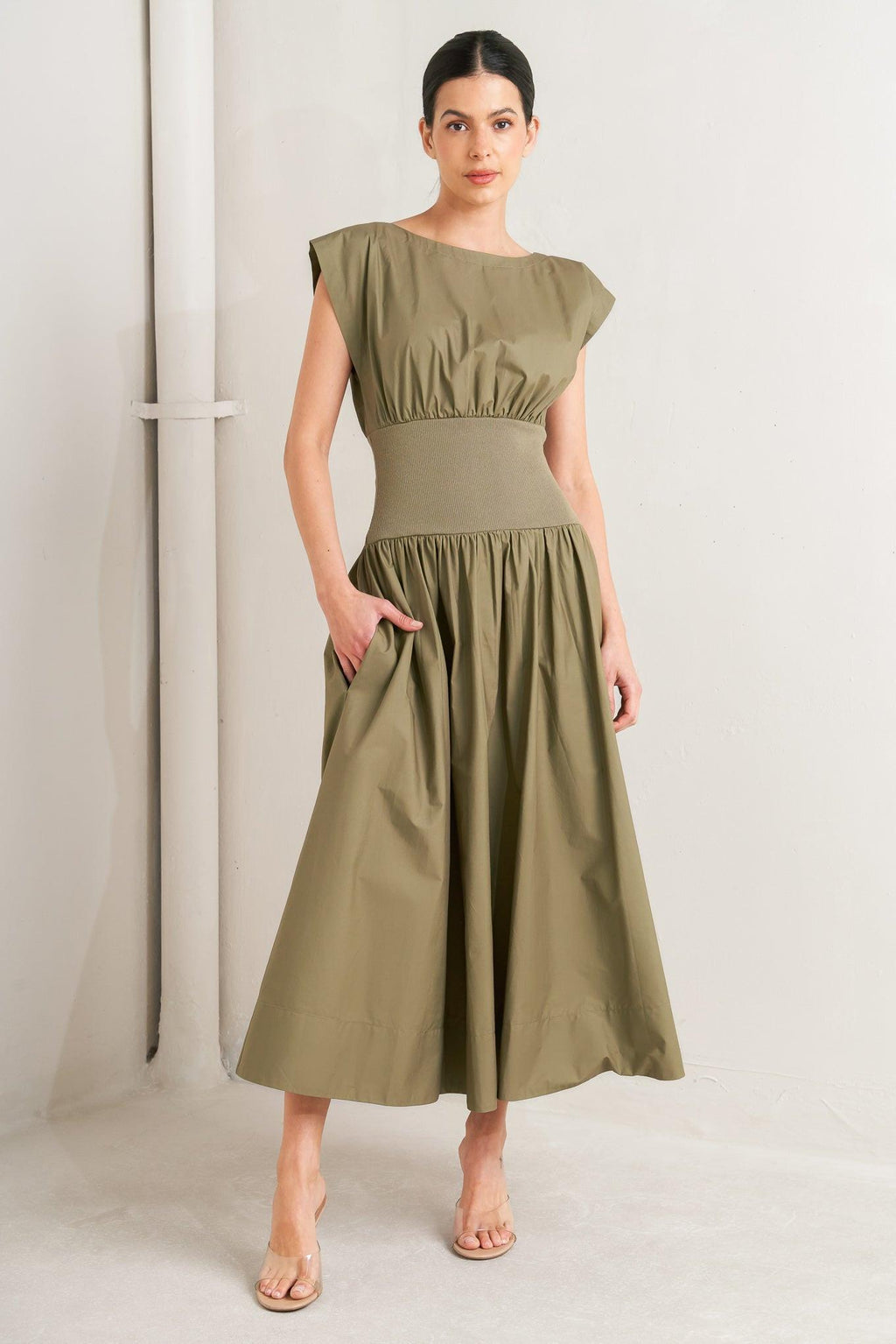 DREAMWEAVER ROMANTIC OLIVE WOVEN MIDI DRESS
