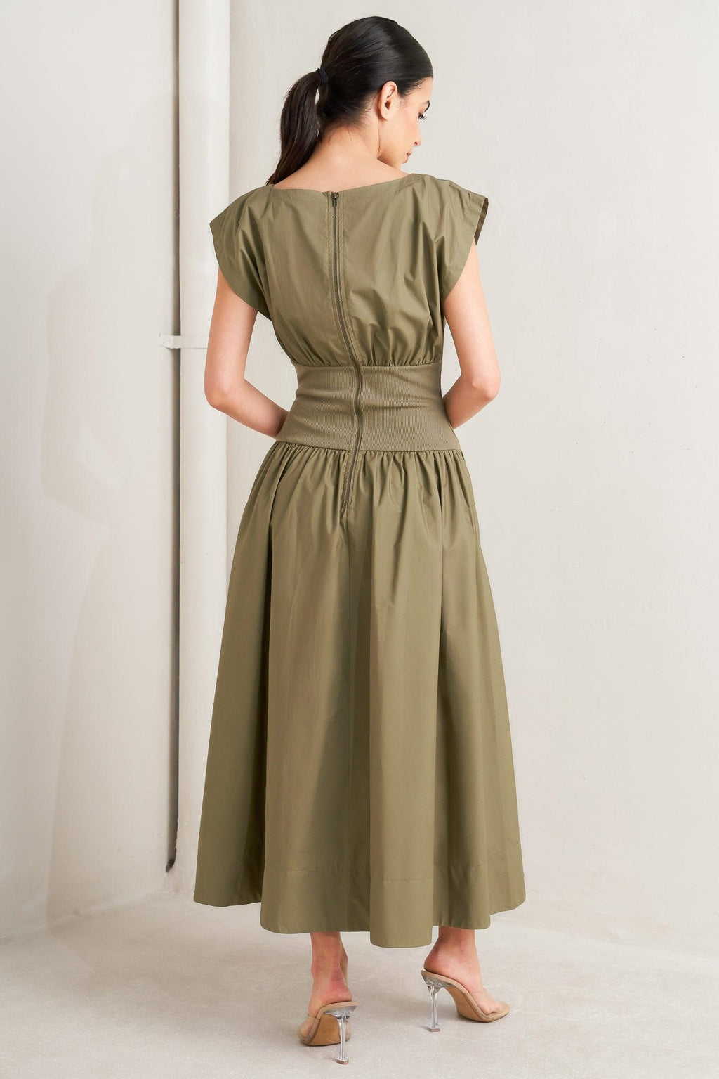 DREAMWEAVER ROMANTIC OLIVE WOVEN MIDI DRESS