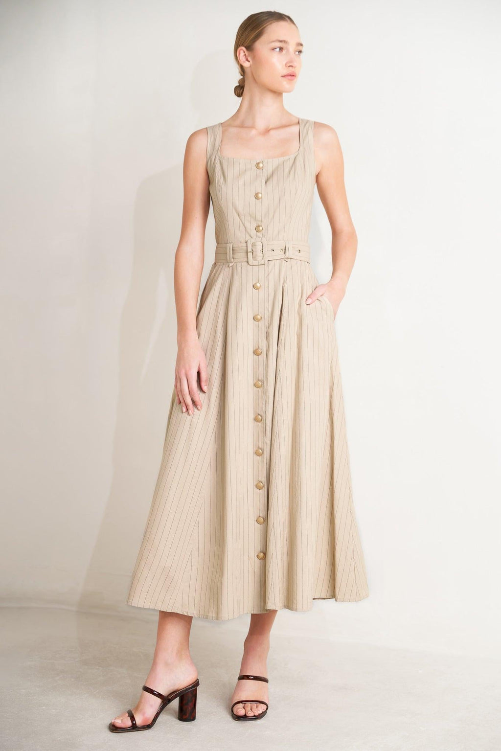 TAILORED IN SUNLIGHT WOVEN MIDI DRESS