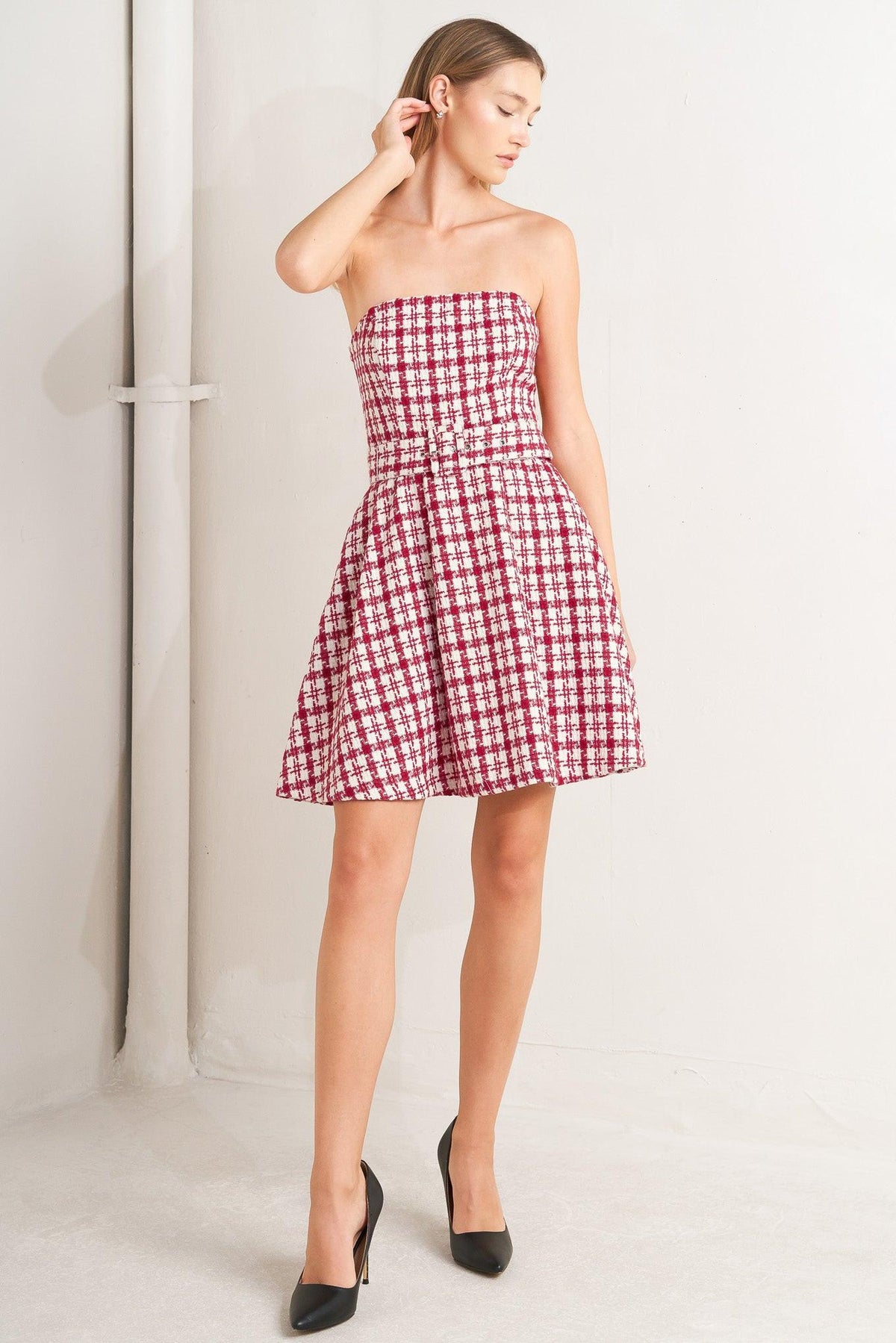 CHERRY CHECK TWEED MINI DRESS
