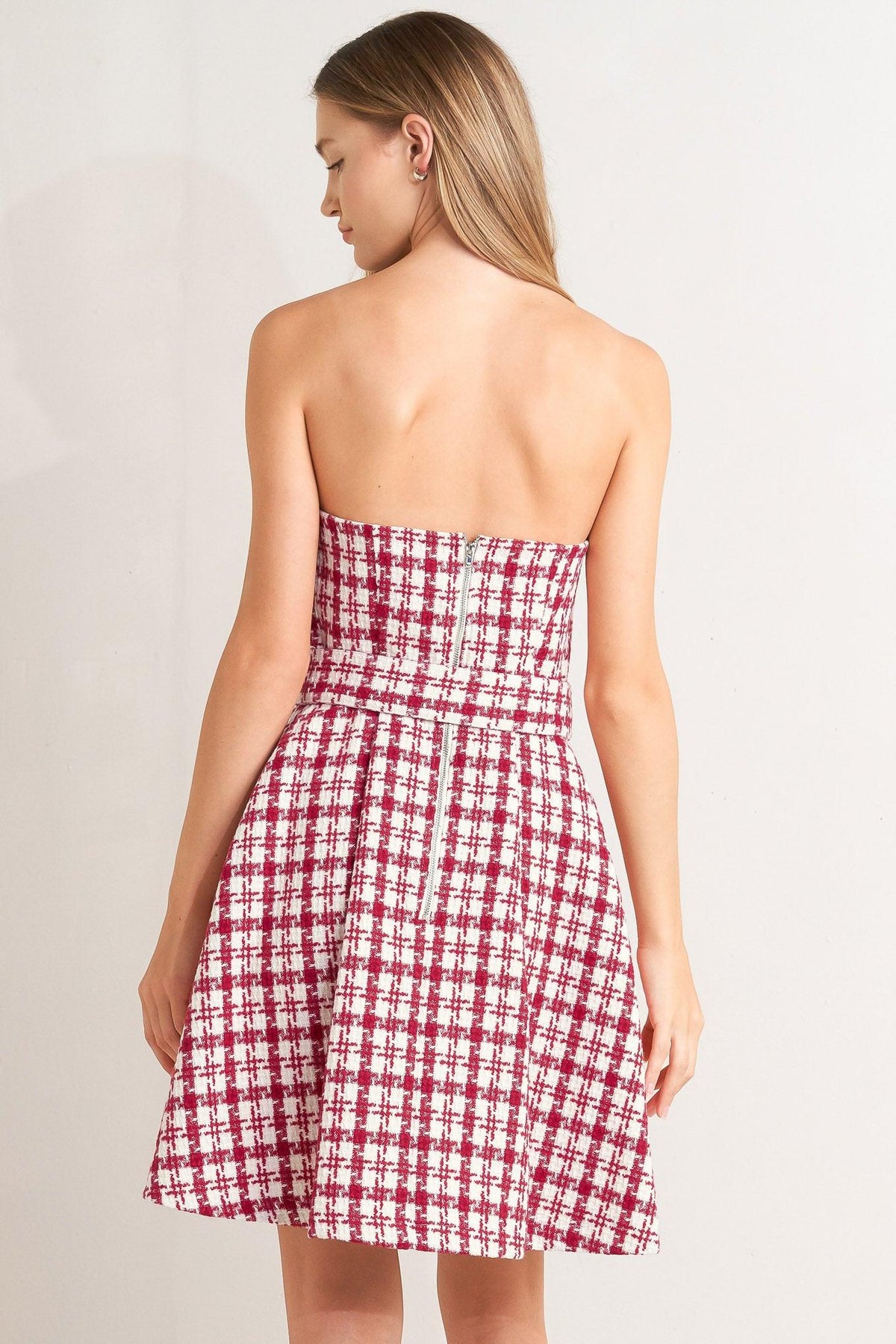 CHERRY CHECK TWEED MINI DRESS