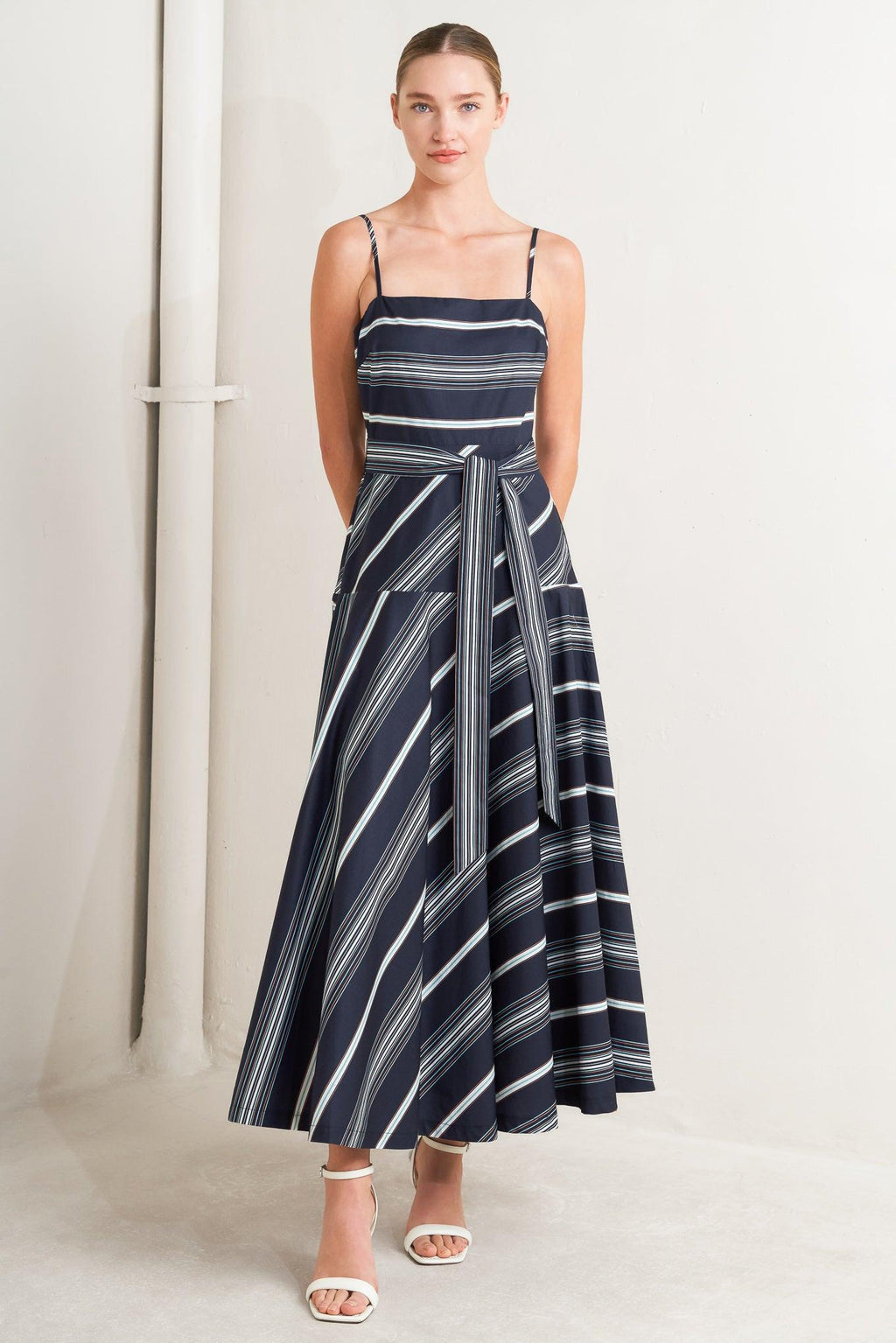 SWEET ESCAPE STRIPE WOVEN MIDI DRESS
