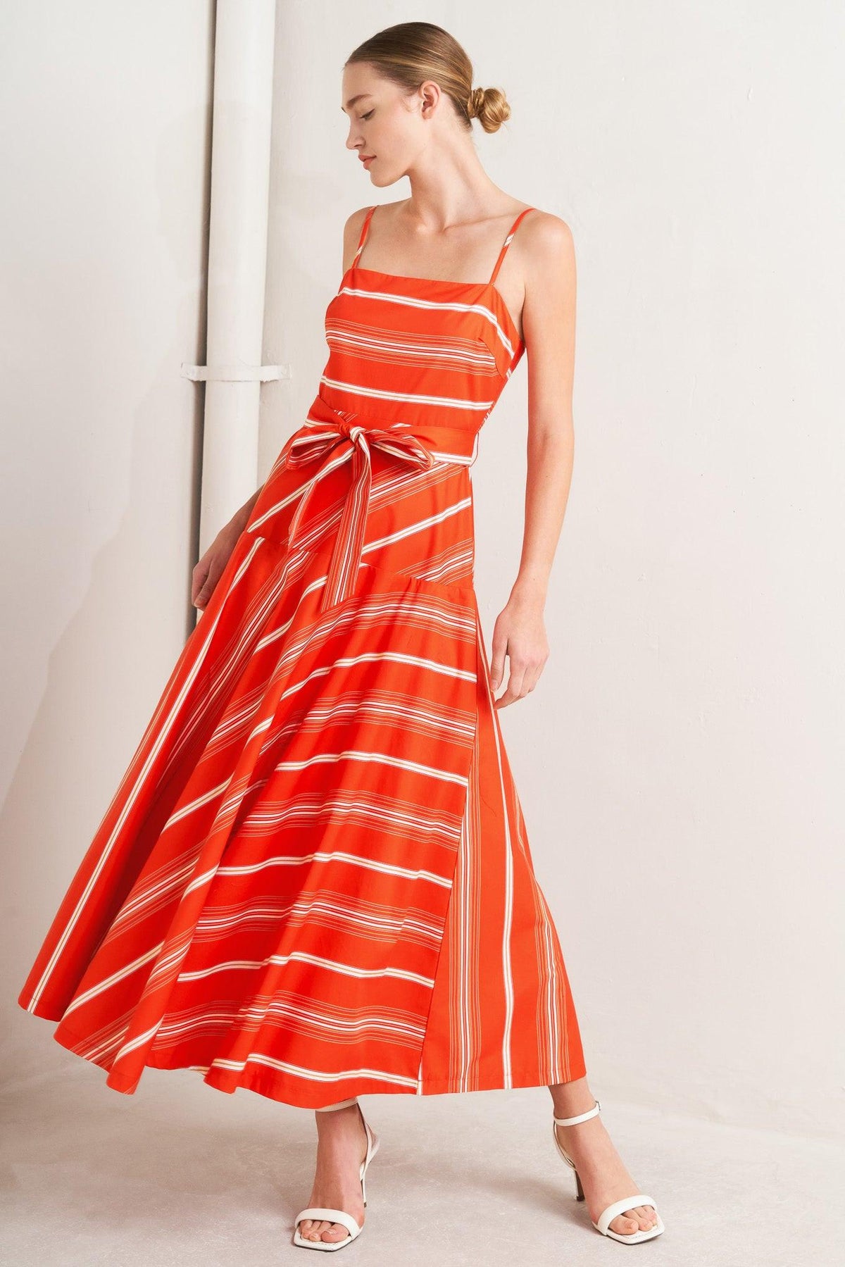 SWEET ESCAPE STRIPE WOVEN MIDI DRESS