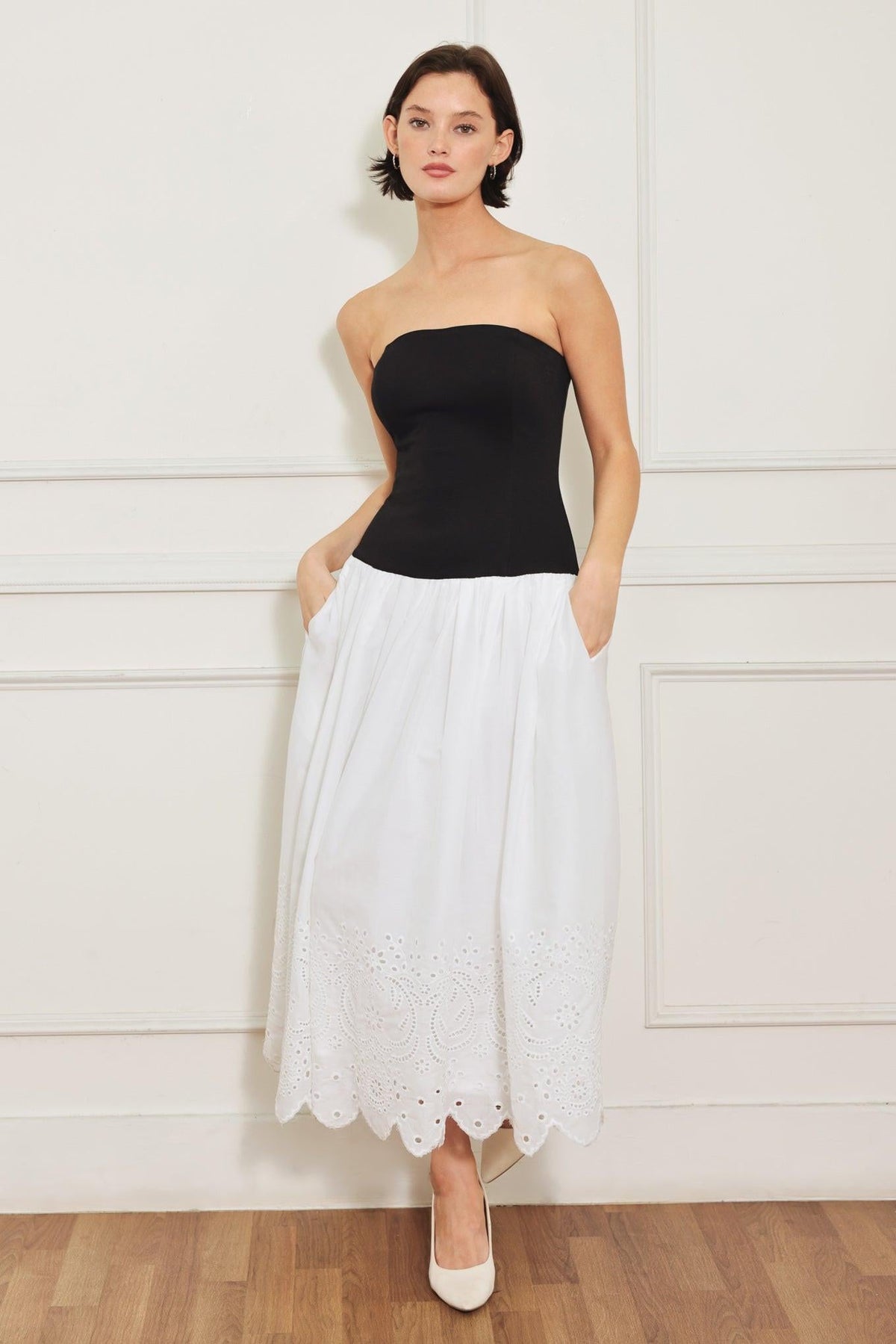 SOFT SPOKEN BEAUTY KNIT WOVEN MIDI DRESS