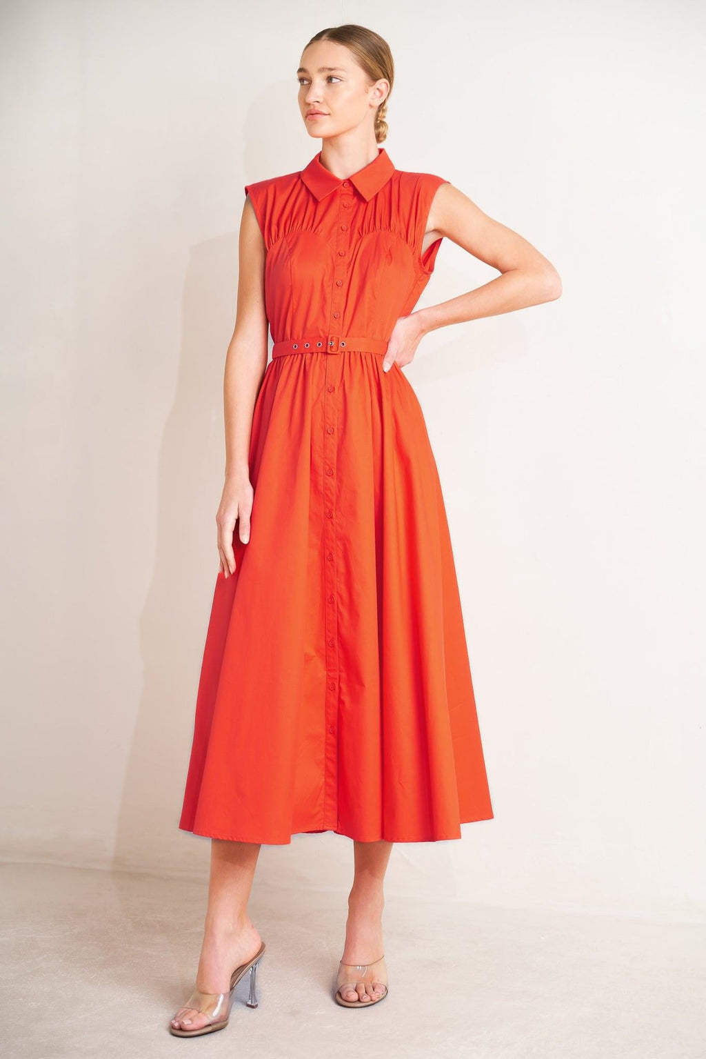 RUNWAY READY SCARLET WOVEN MIDI DRESS
