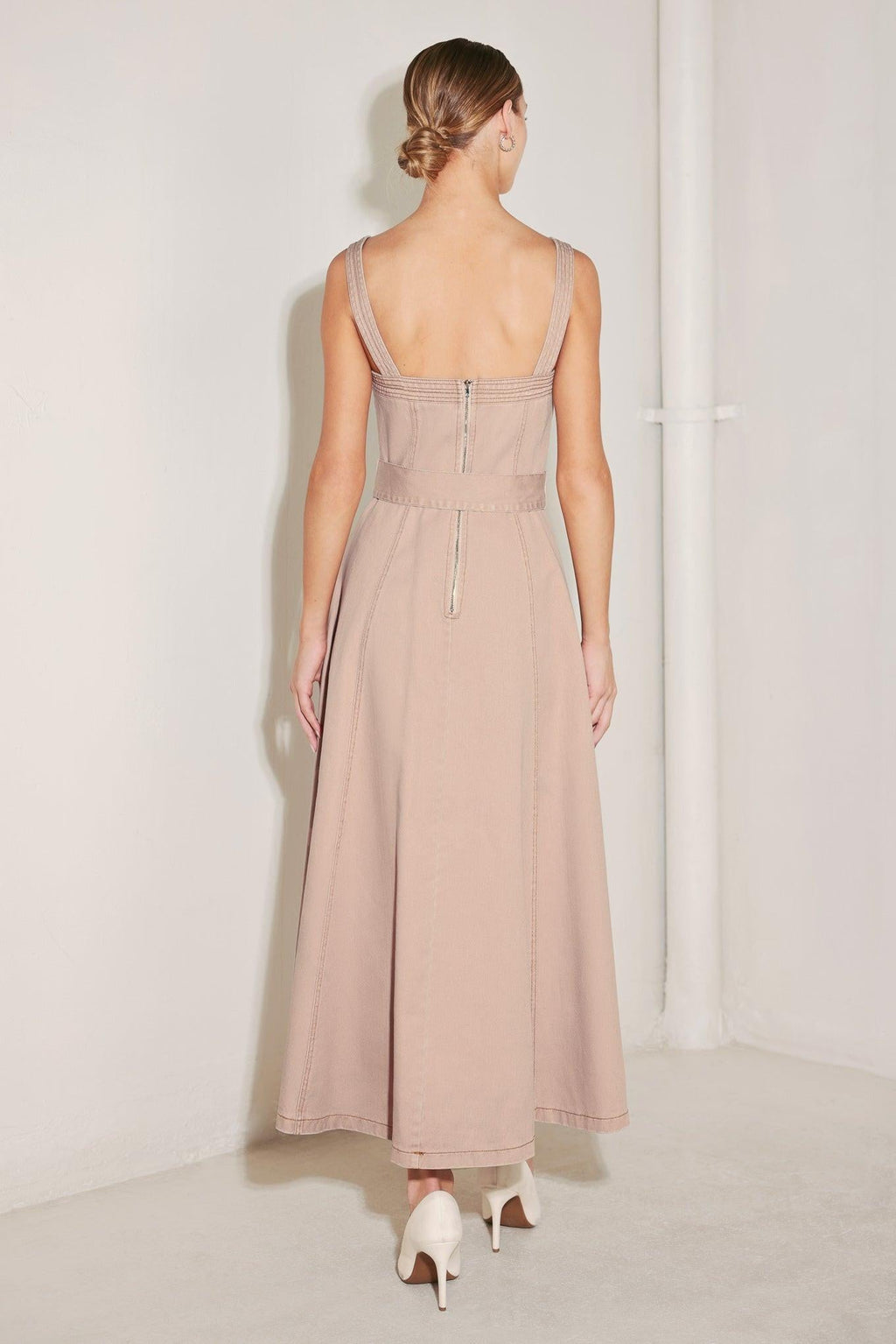 ELEVATED NEUTRAL BLUSH WOVEN MIDI DRESS