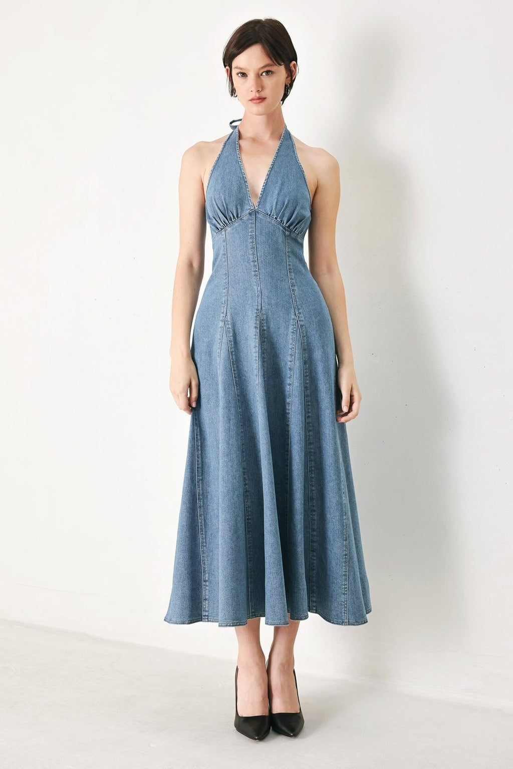 BLUE BLOSSOM DENIM MIDI DRESS