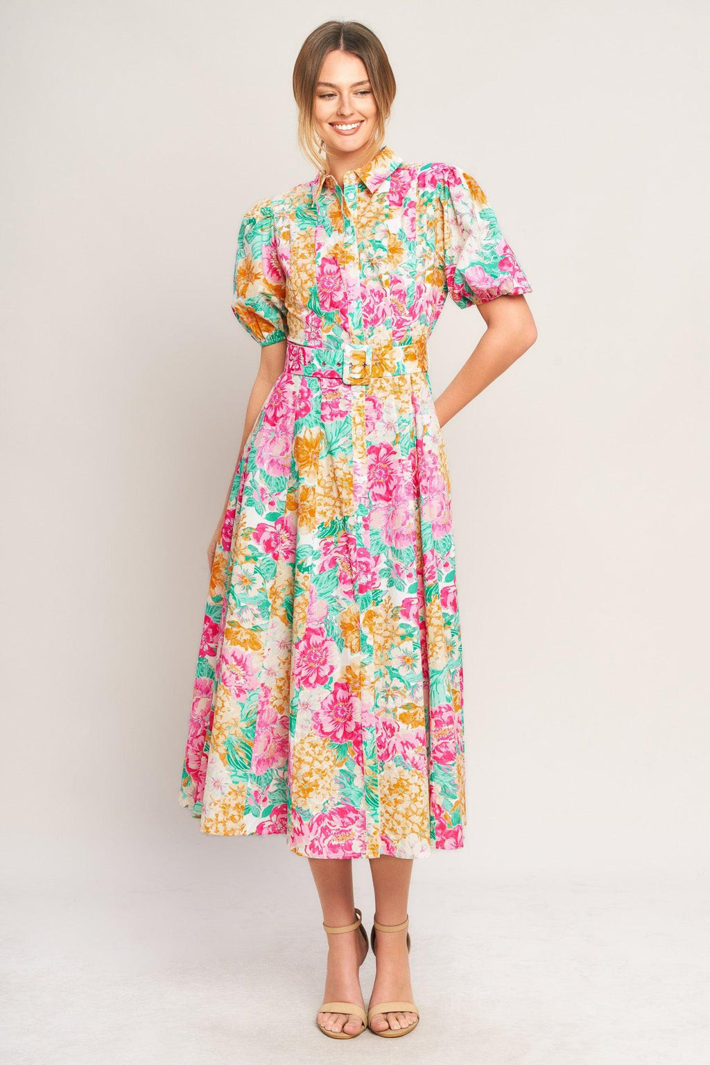 BLOOMING GARDEN WOVEN MIDI DRESS