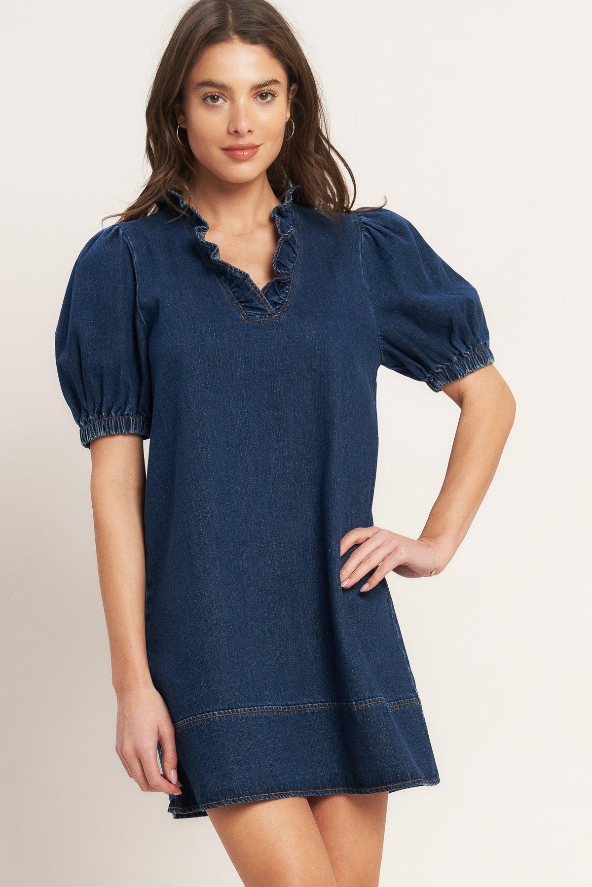 MODERN FOLK TOUCH DNIM MINI DRESS