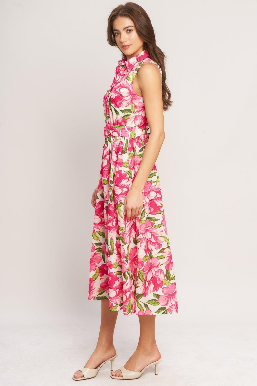 PINK PARADISE WOVEN MIDI DRESS