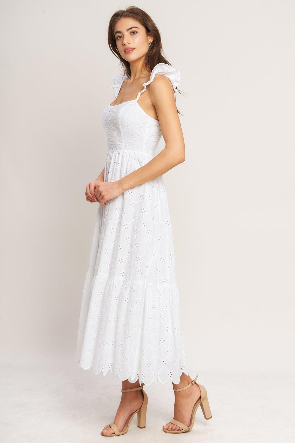 SWEET ESCAPE WOVEN EYELET MIDI DRESS