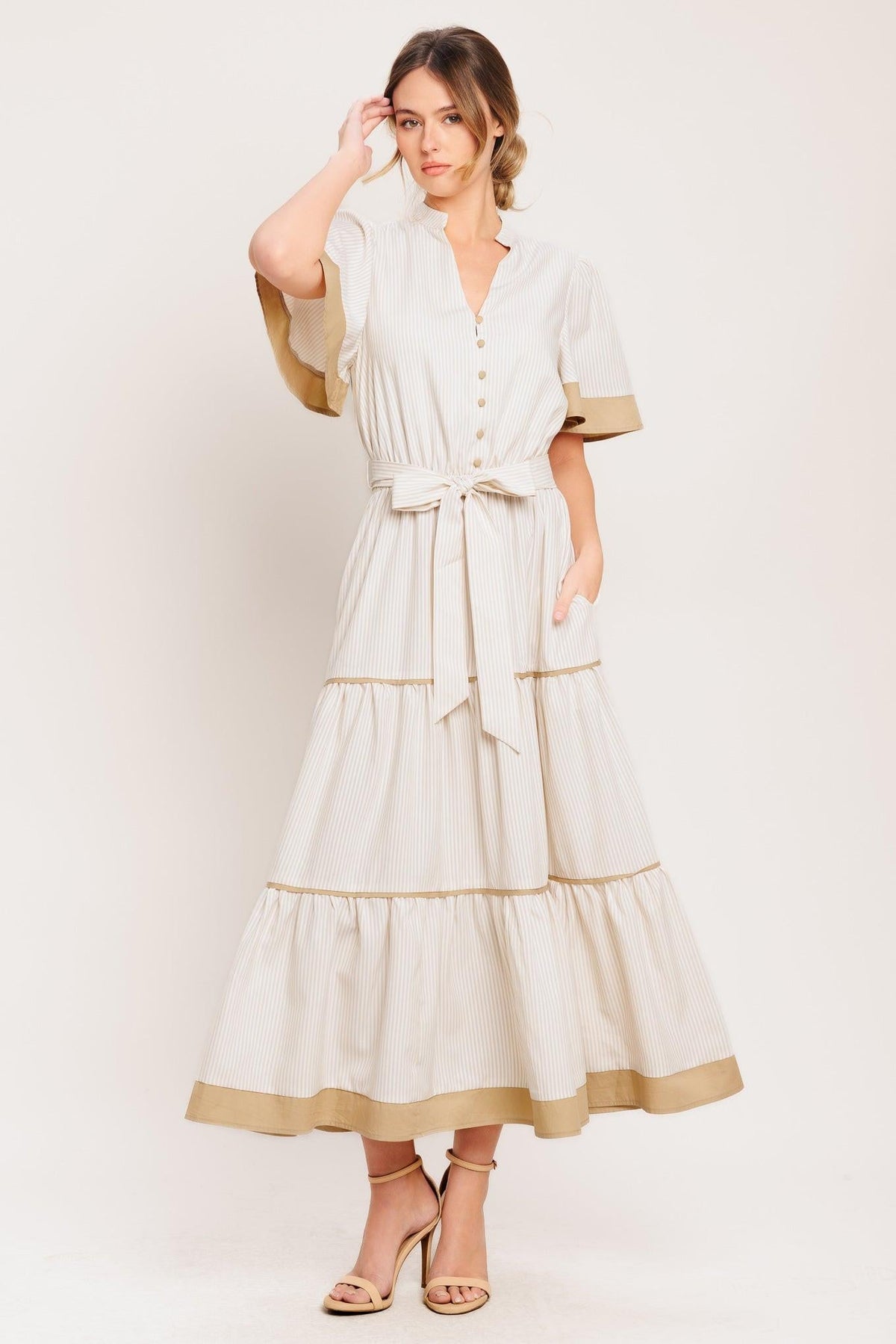 PARIS MORNING TAUPE WOVEN MIDI DRESS