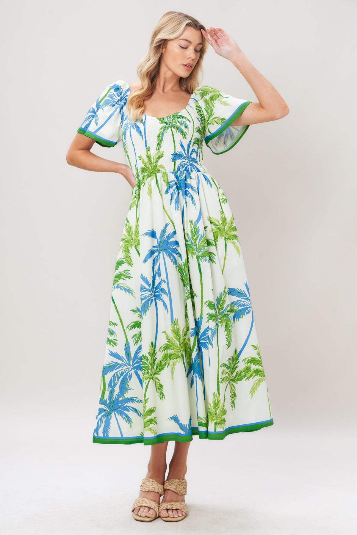 PALM ESCAPADE WOVEN MIDI DRESS