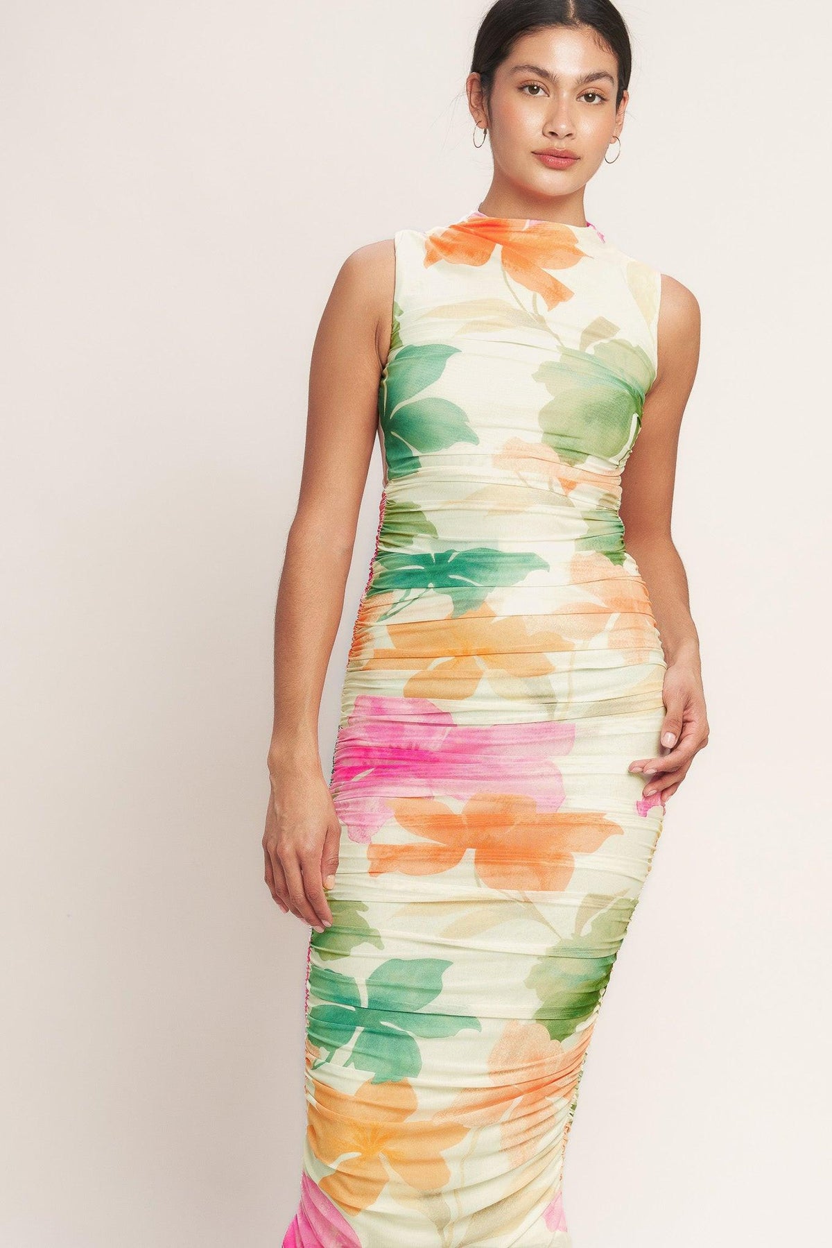 COLORFUL CONFIDENCE POWER MESH MIDI DRESS