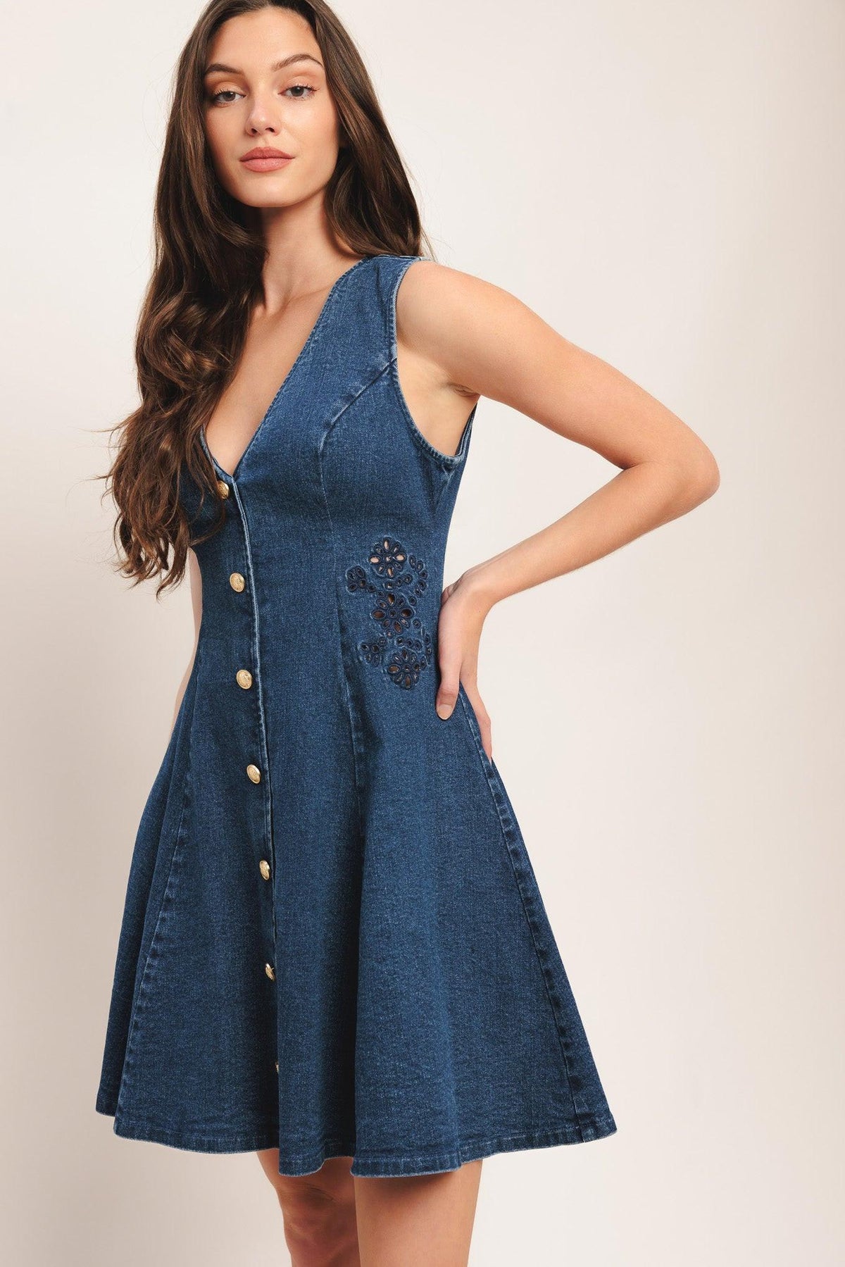 INDIGO FLARE DENIM MINI DRESS