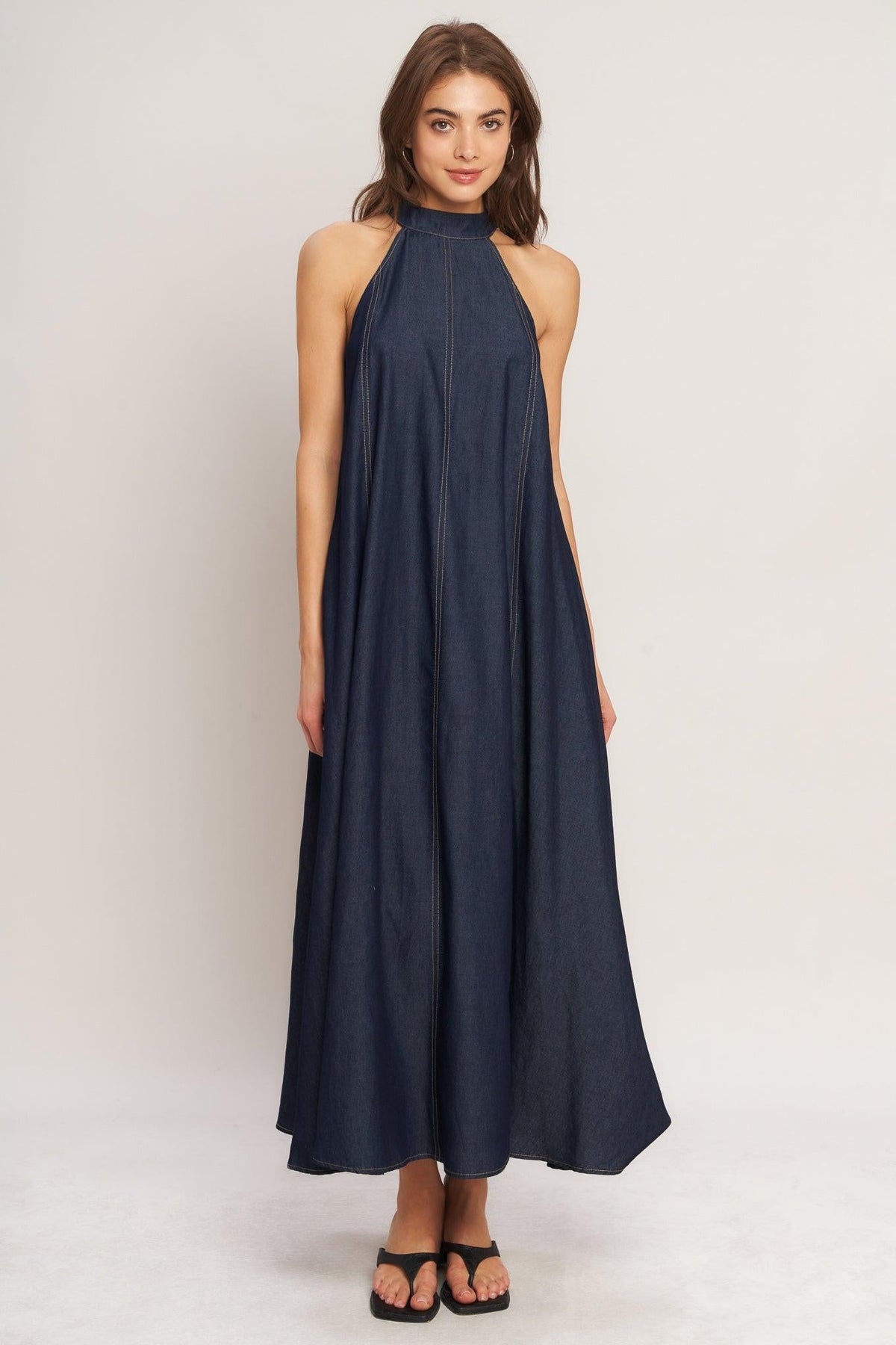 MIDNIGHT FLOW WOVEN MIDI HALTER DRESS