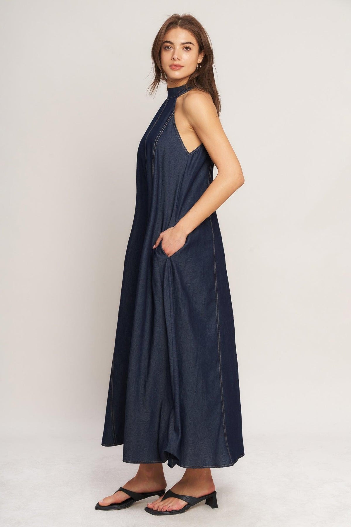 MIDNIGHT FLOW WOVEN MIDI HALTER DRESS
