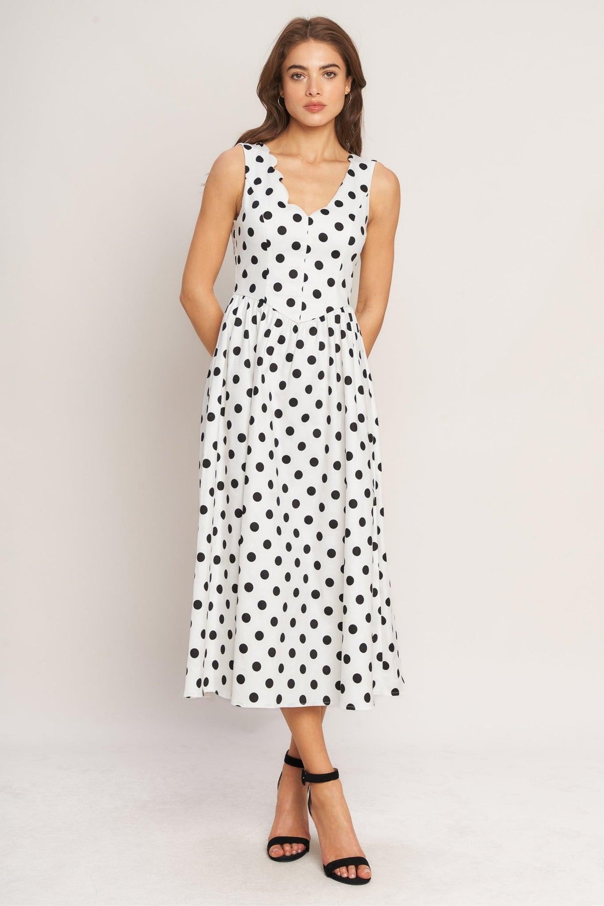 VINTAGE WHISPER POLKA WOVEN MIDI DRESS