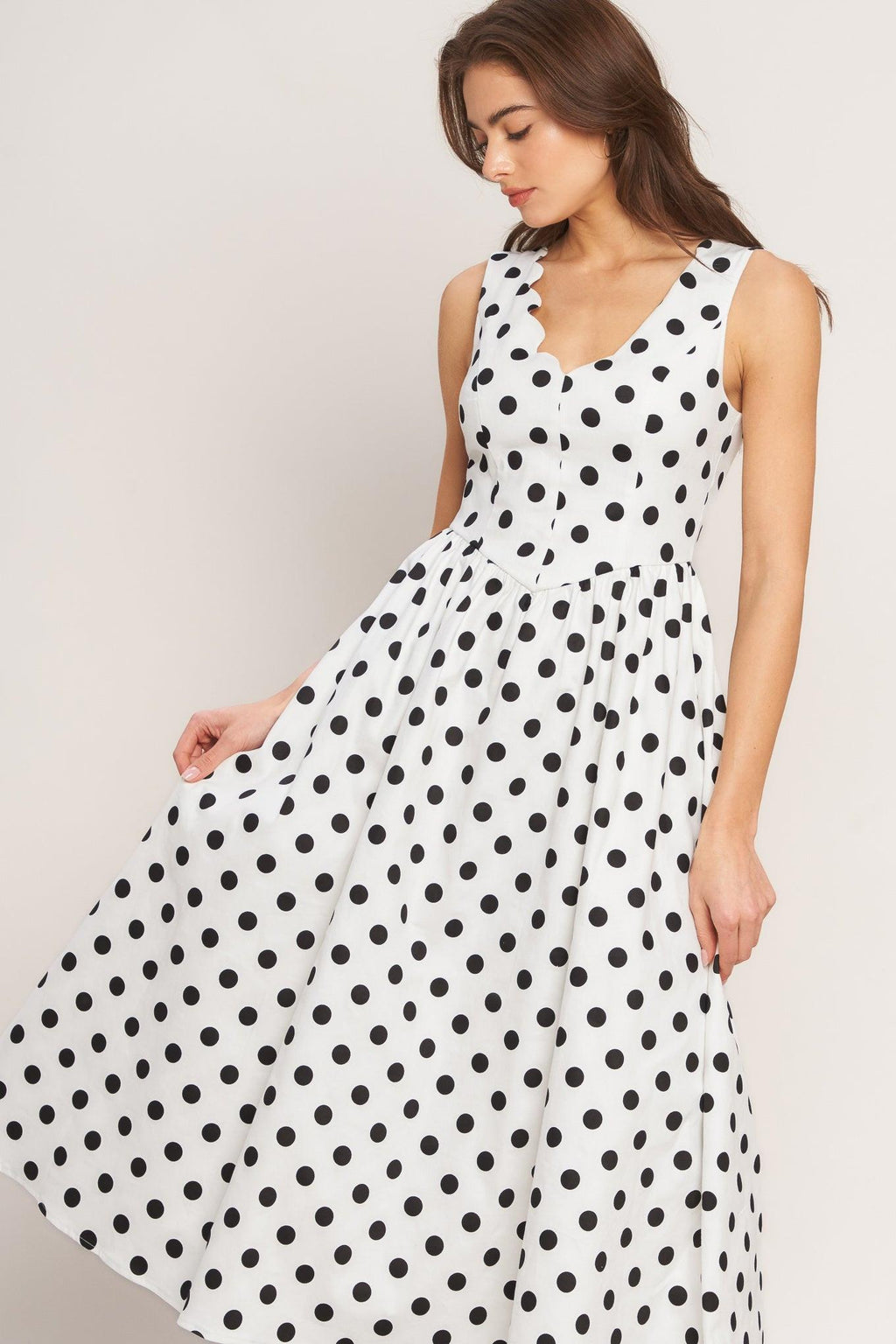 VINTAGE WHISPER POLKA WOVEN MIDI DRESS