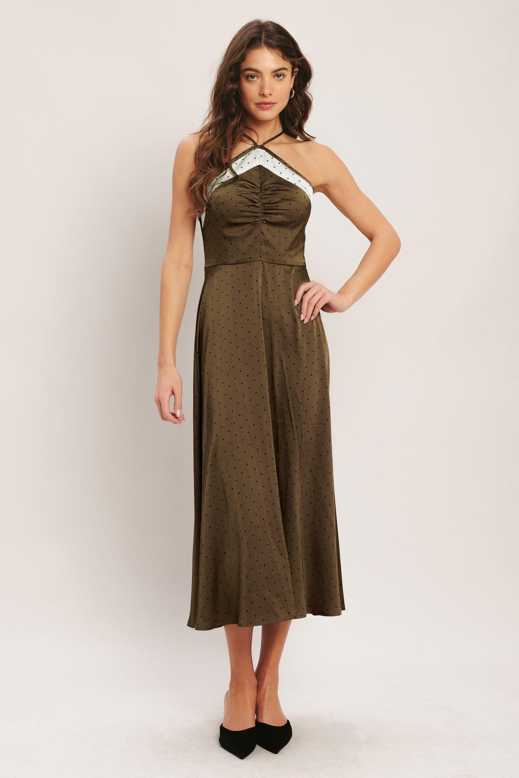 ESPRESSO CHIC WOVEN SATIN MIDI DRESS