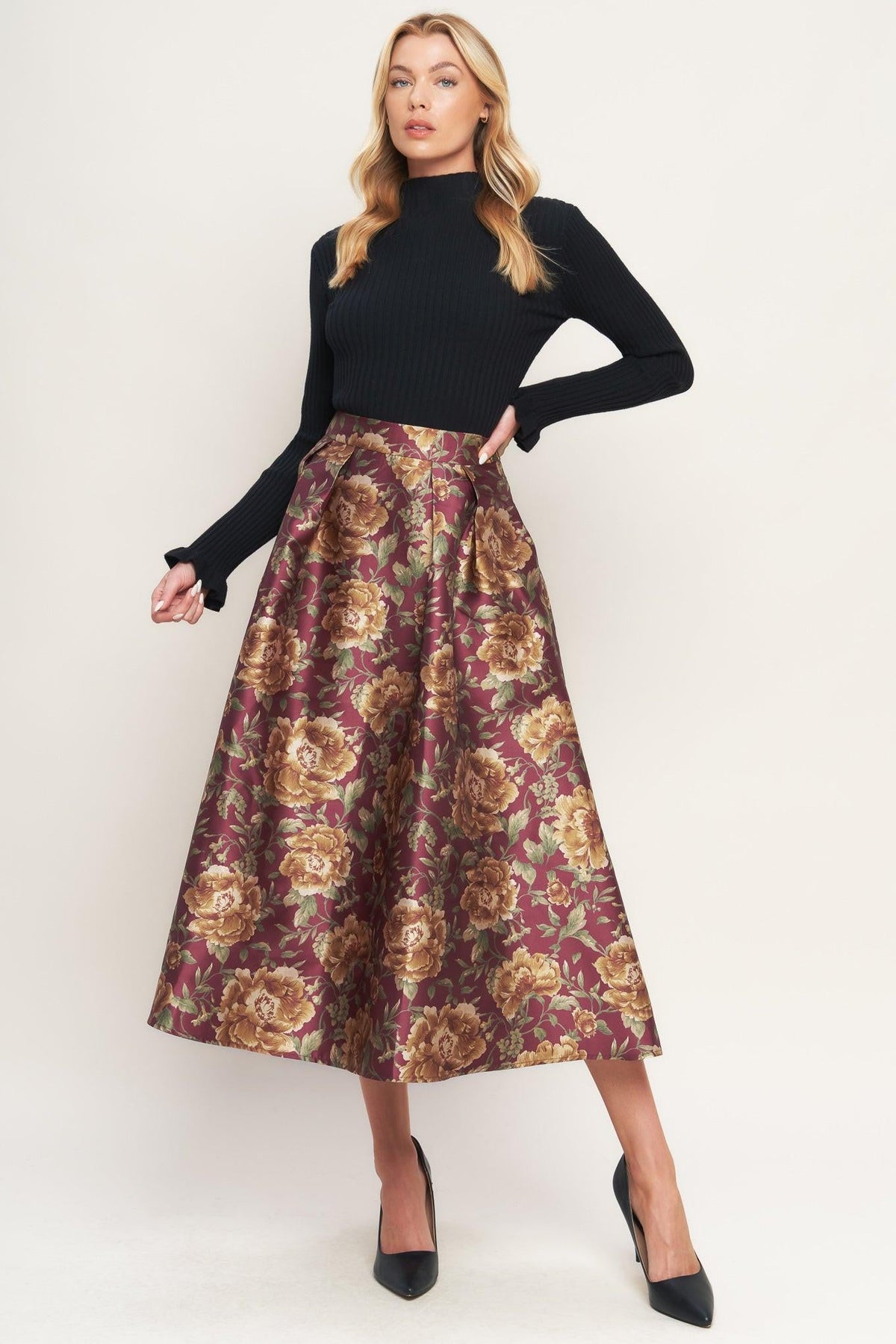 EVENING BOTANICALS WOVEN FULL MIDI SKIRT