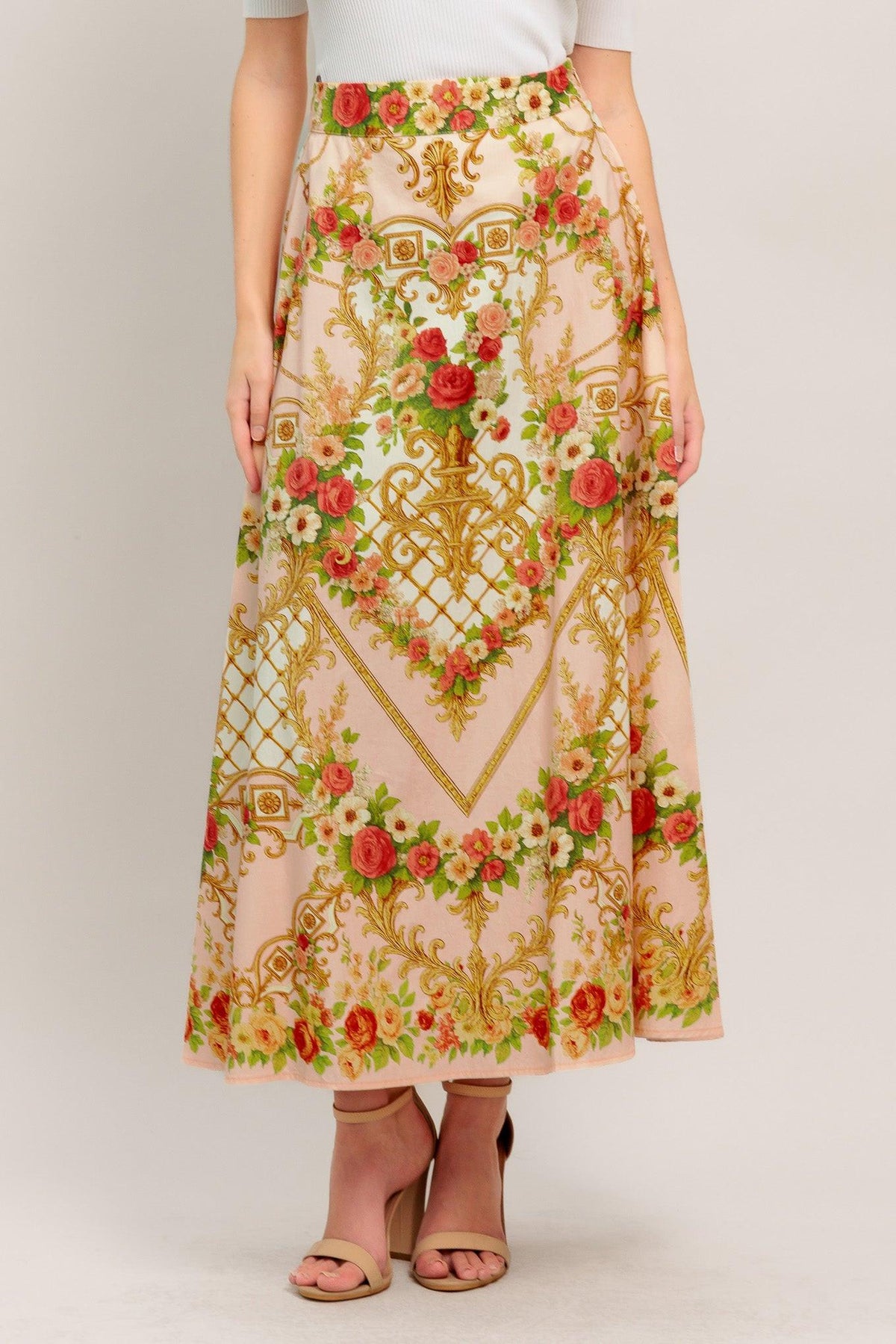 PALACE ROSE STATEMENT WOVEN CIRCLE MIDI SKIRT
