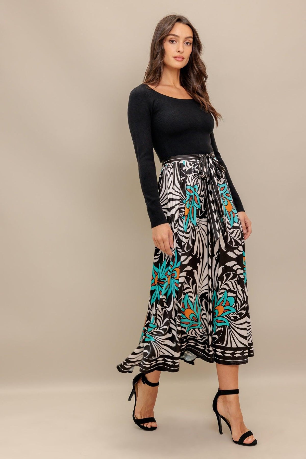 SUNBURST GARDEN BLACK MIDI DRESS