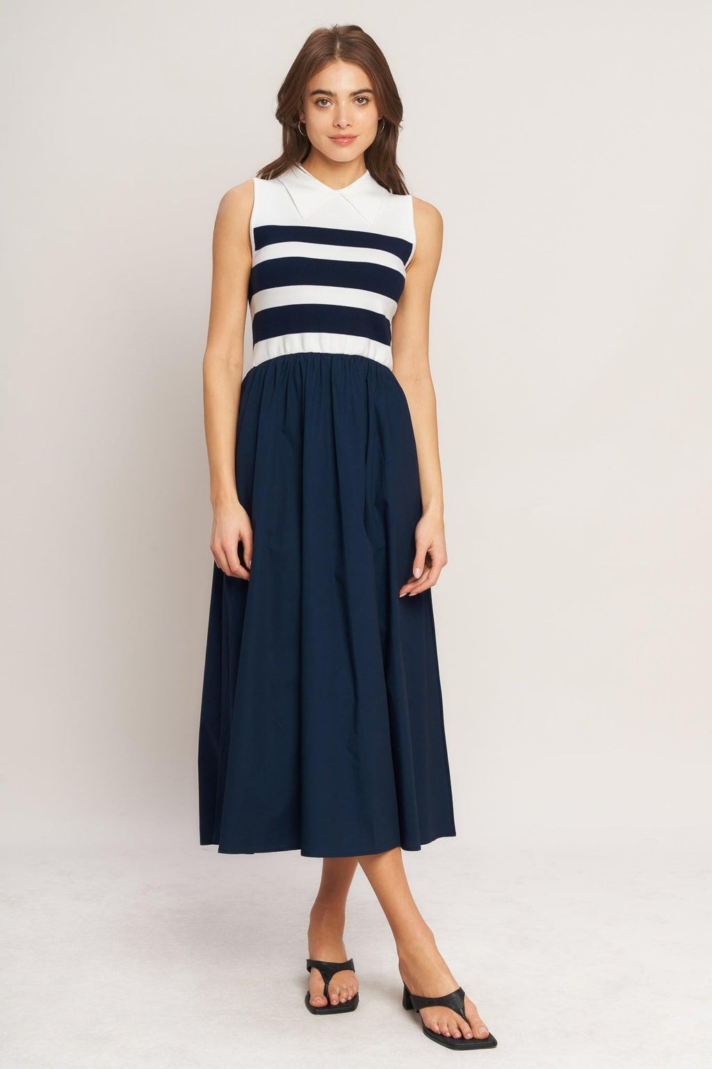 STRIPE ELEGANCE SWEATER WOVEN MIDI DRESS