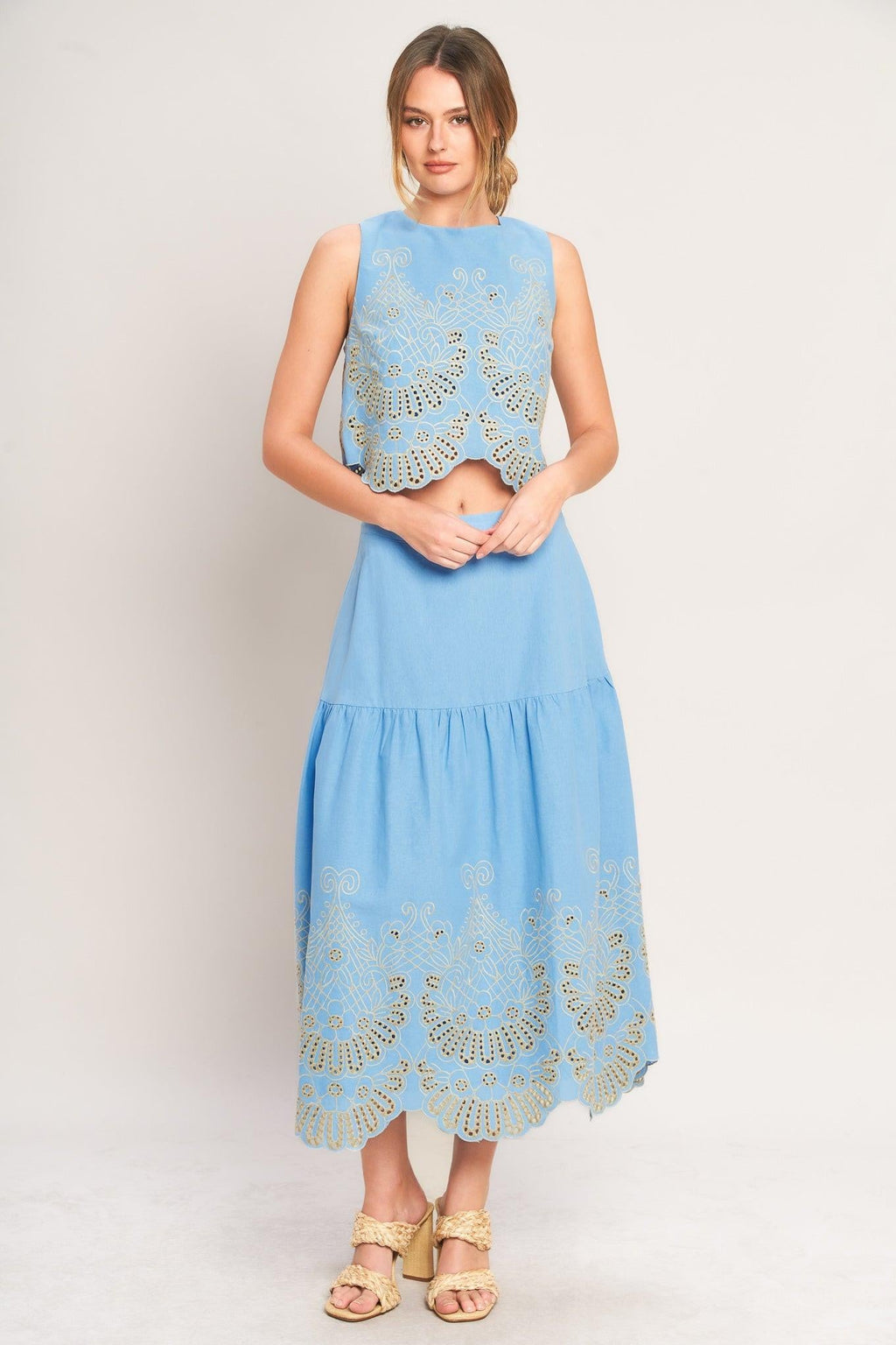 SKY BLOOM WOVEN EYELET TOP
