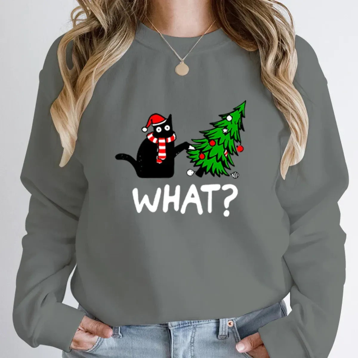 "What?" Black Cat Christmas Tree Sweatshirt