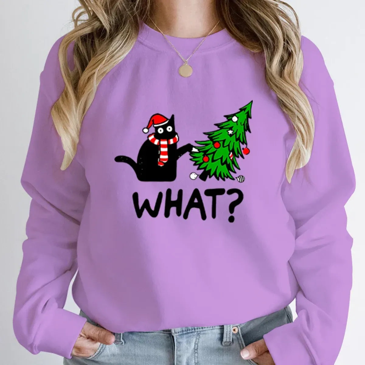 "What?" Black Cat Christmas Tree Sweatshirt