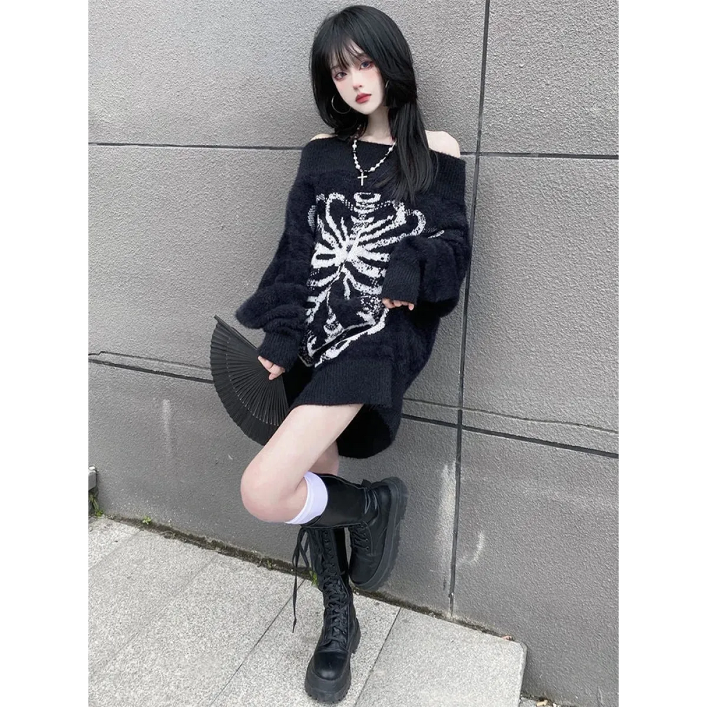 Black Skull Print Harajuku Sweater – Gothic Grunge Y2K Knitwear