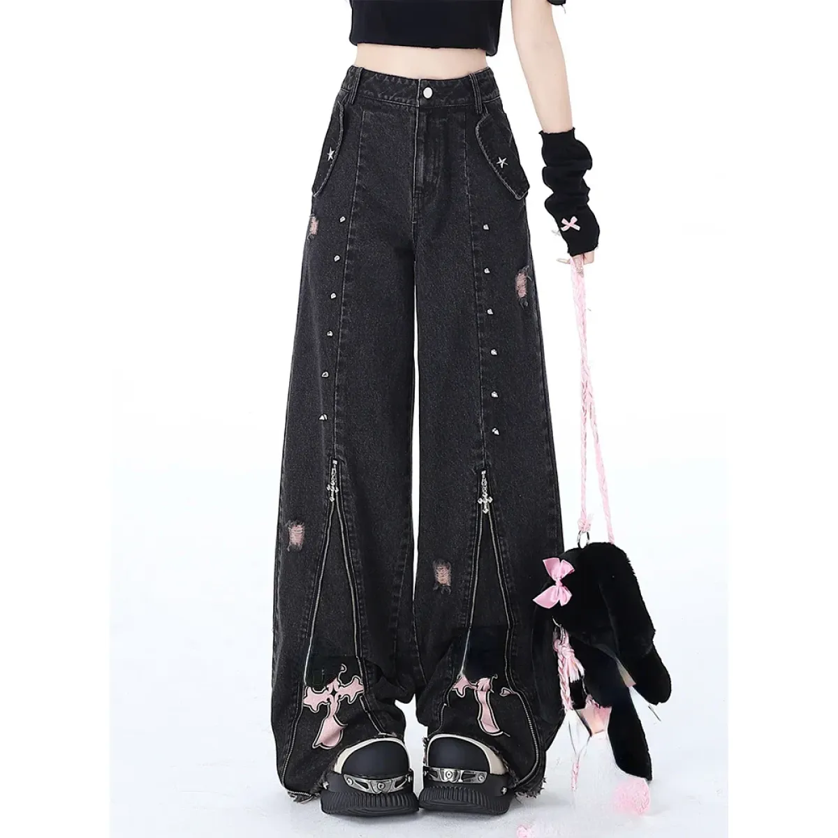 Gothic Harajuku Baggy Jeans – High Waist Y2K Denim Pants