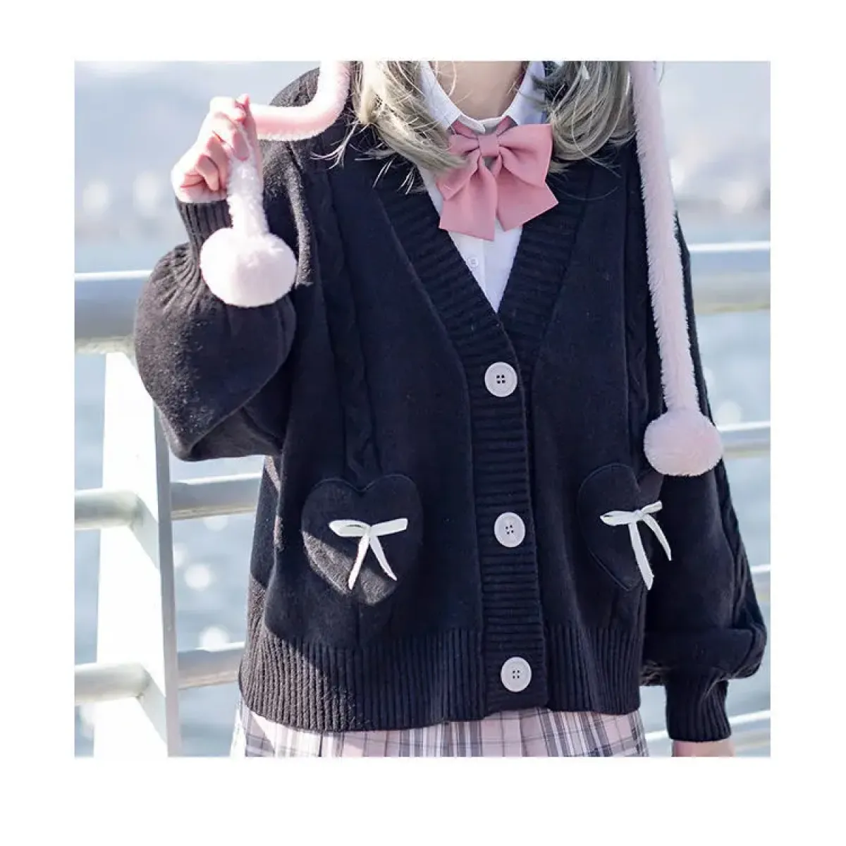 Kawaii Knitted Cardigan – Women's Heart Pocket Bow Sweater