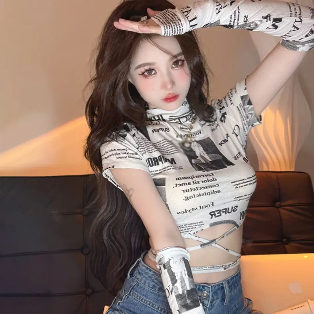 Newspaper Print Slim Crop Top