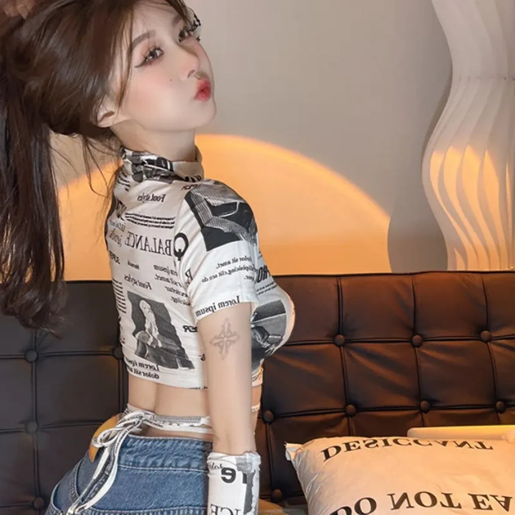 Newspaper Print Slim Crop Top