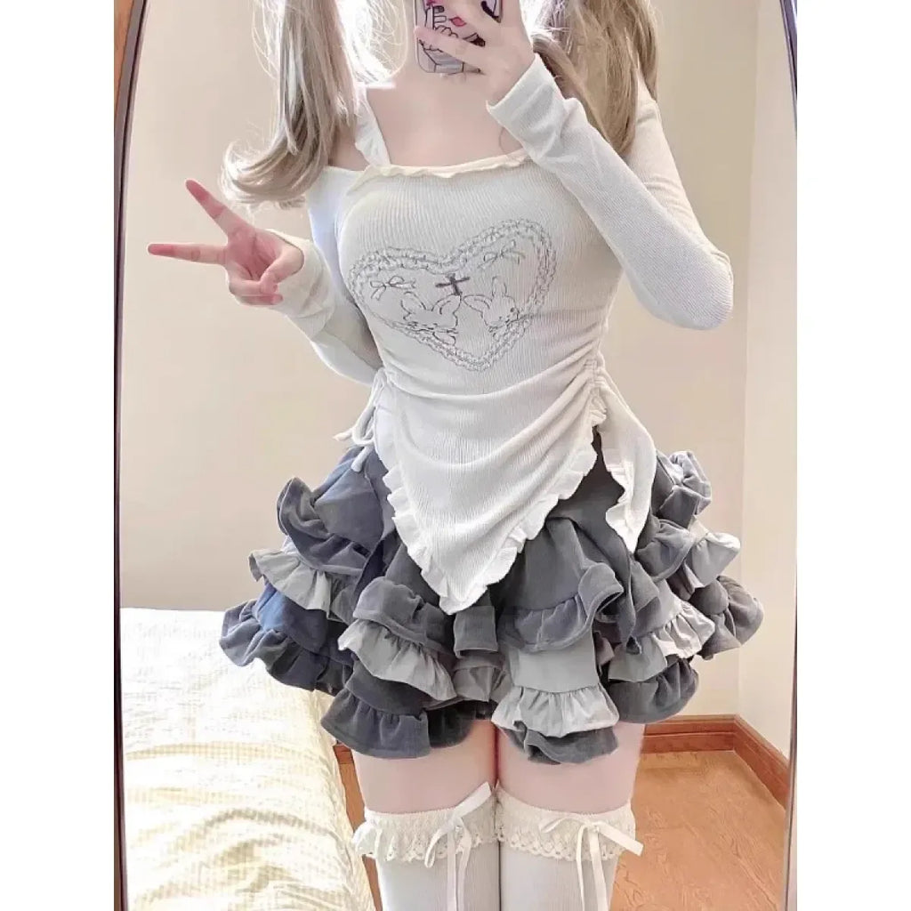 Y2K Kawaii Harajuku Two-Piece Set – Ruffle Skirt & Long Sleeve Top
